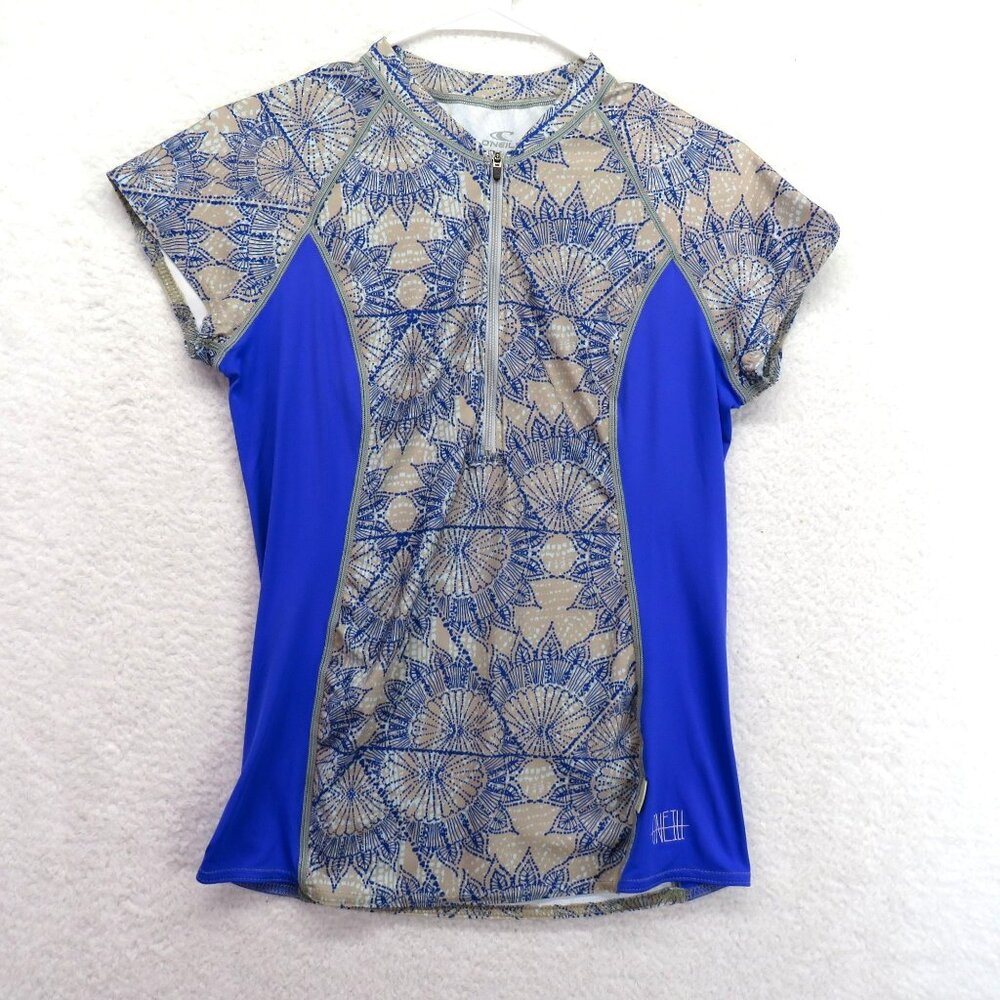 ONeill Rash Guard Womens Size‎ Large Slim Fit Blue Beige 1/4 Zip Short Sleeve